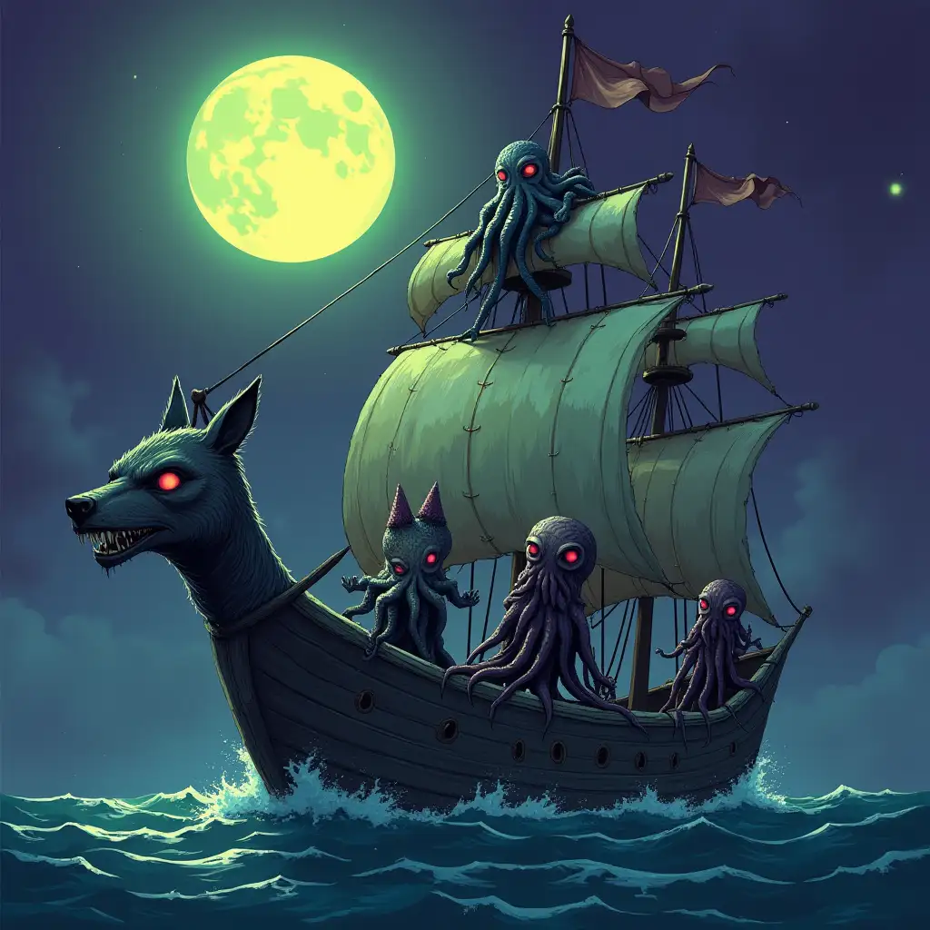 anthropomorphic scary sea creatures are sailing on a scary old ship, whose bow is a wolf's face, the sails are torn, sailing at night, the captain of the ship is an anthropomorphic evil octopus, in a storm, digital art, the moon is yellow, the ship is in an ominous green light, the sky is purple, the ocean is blue