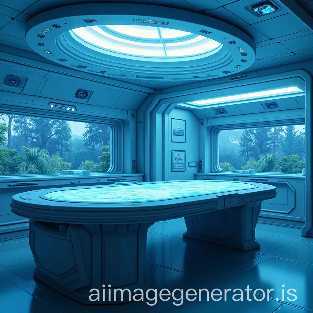 Concept art futuristic desk from a laboratory in a space ship, blue and grey colors 