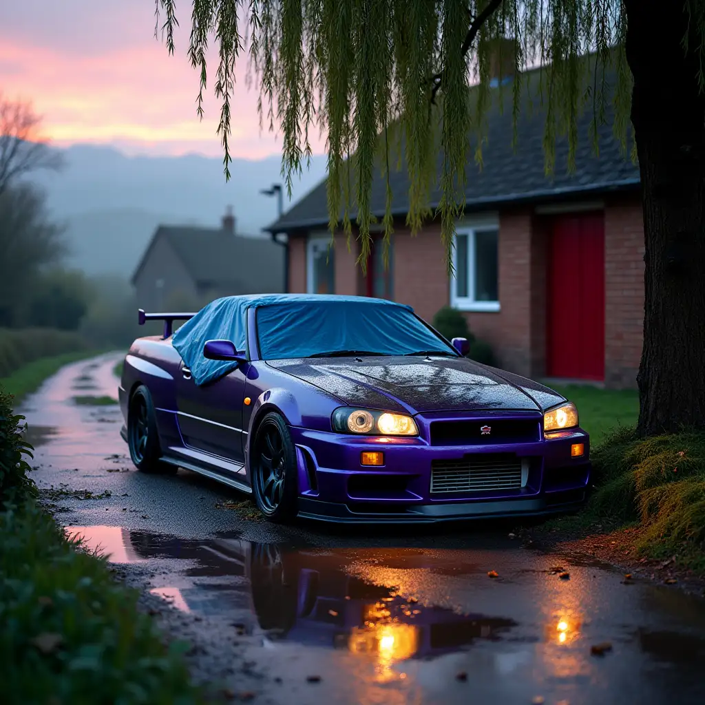 Decayed Nissan Skyline R34 GTR Under Willow Tree in British CuldeSac