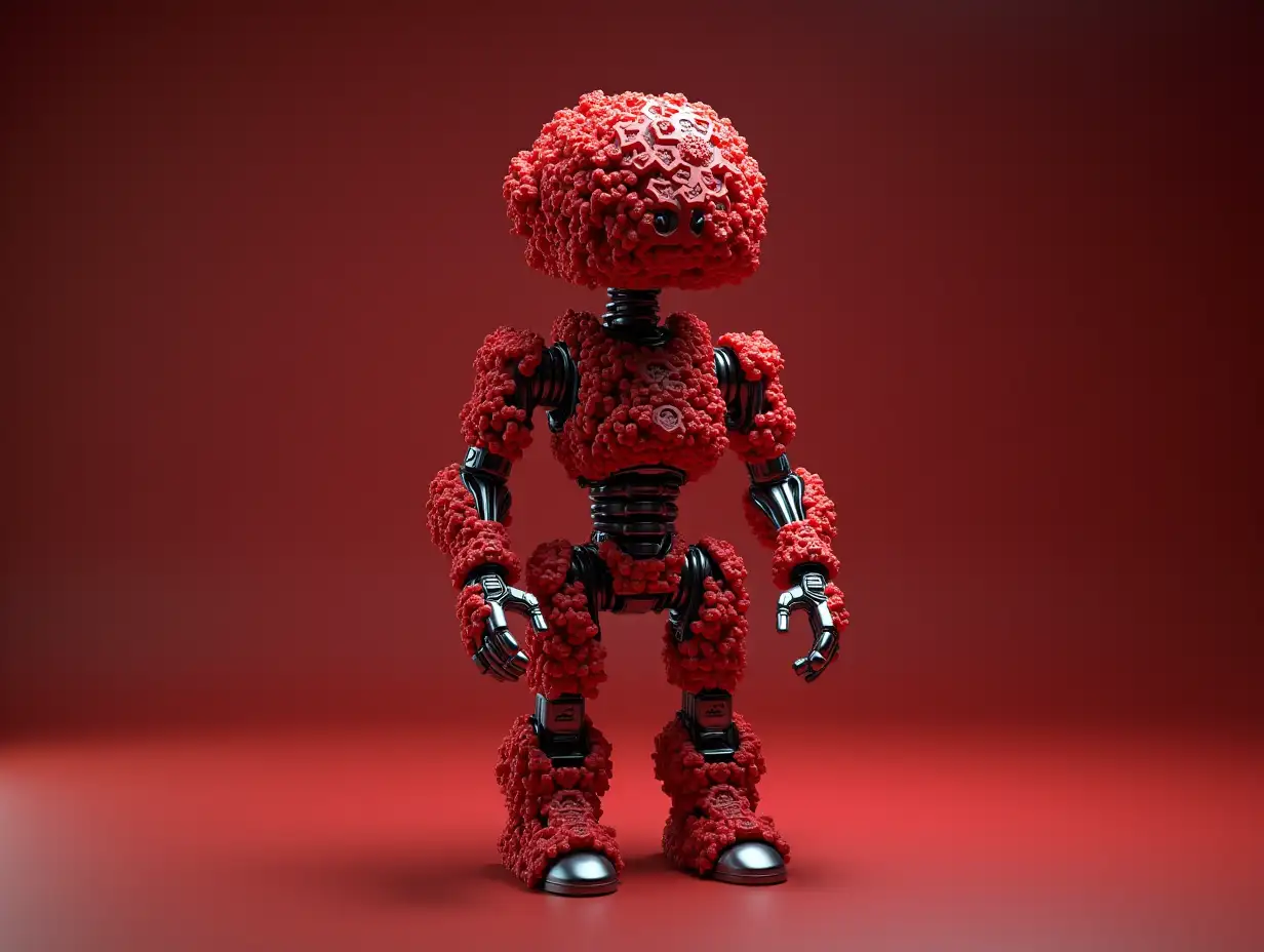 Create a high-resolution, realistic image of an artificial intelligence Fractal colored redFractal humanoid robot, on the photo studio floor at 4-k resolution.