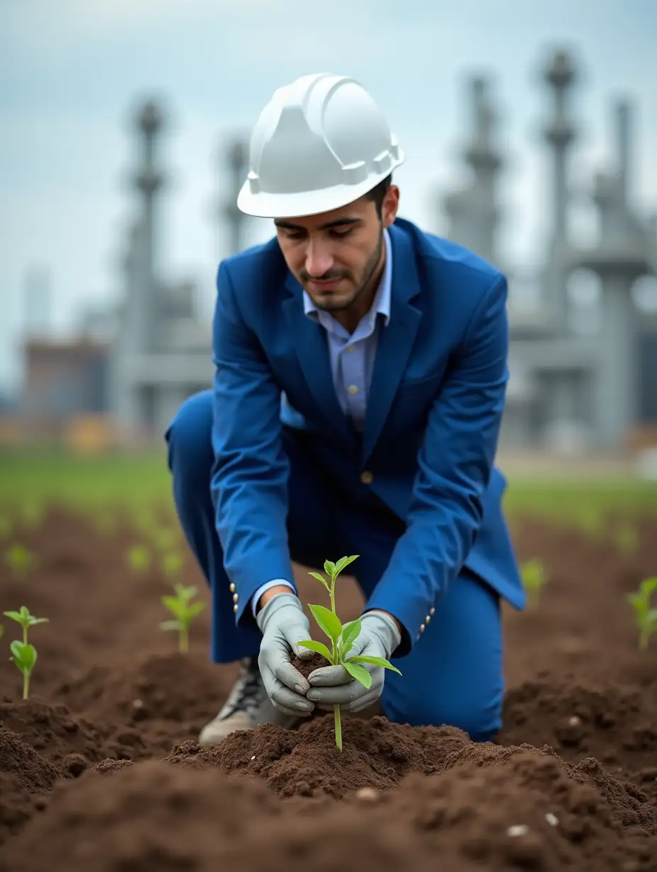 Young Iranian male petrochemical employee wearing blue suit and white hat planting tree seedlings in petrochemical plant and petrochemical background