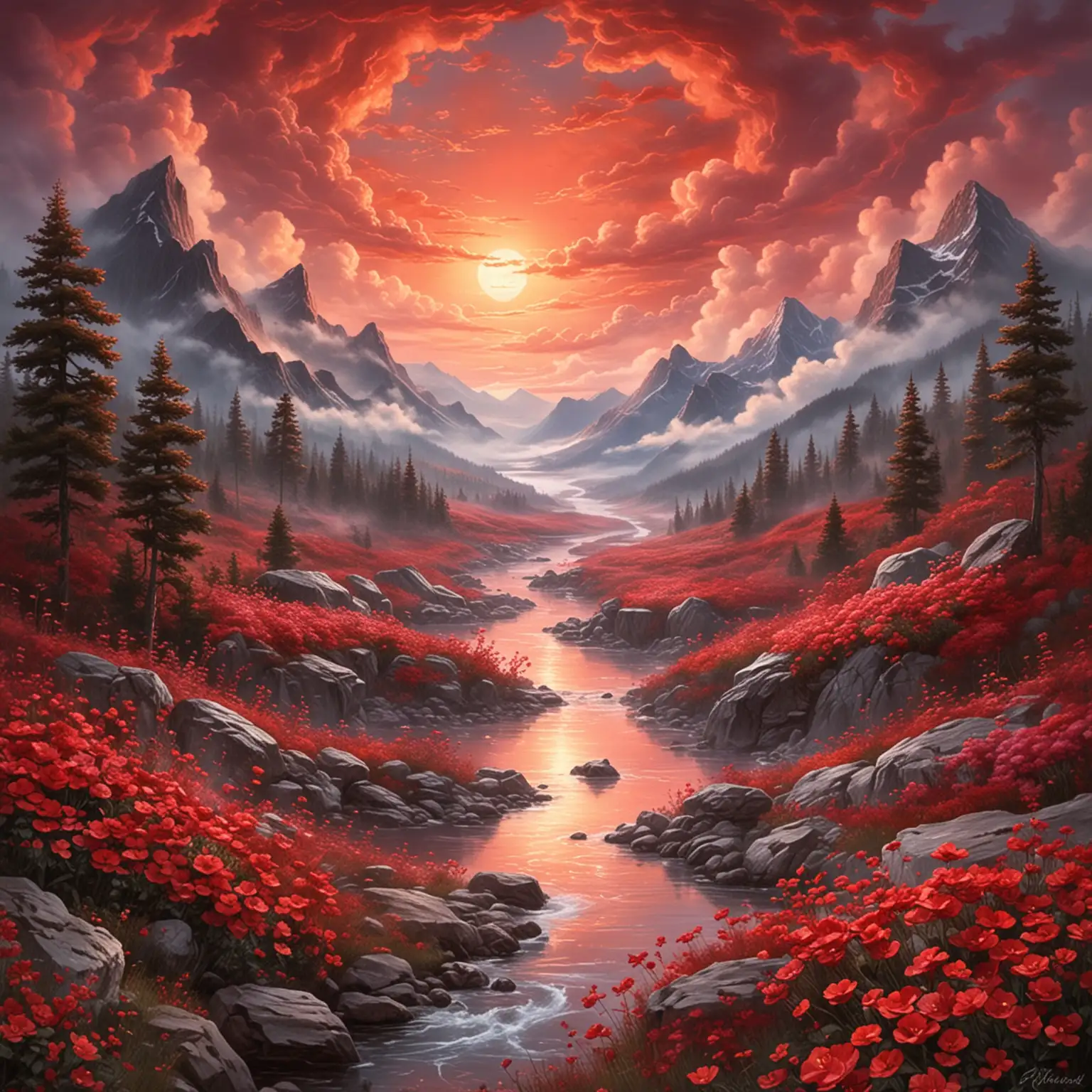 Dreamy-Crimson-Skies-with-Blooming-RedOrange-Flowers-and-Flowing-Stream