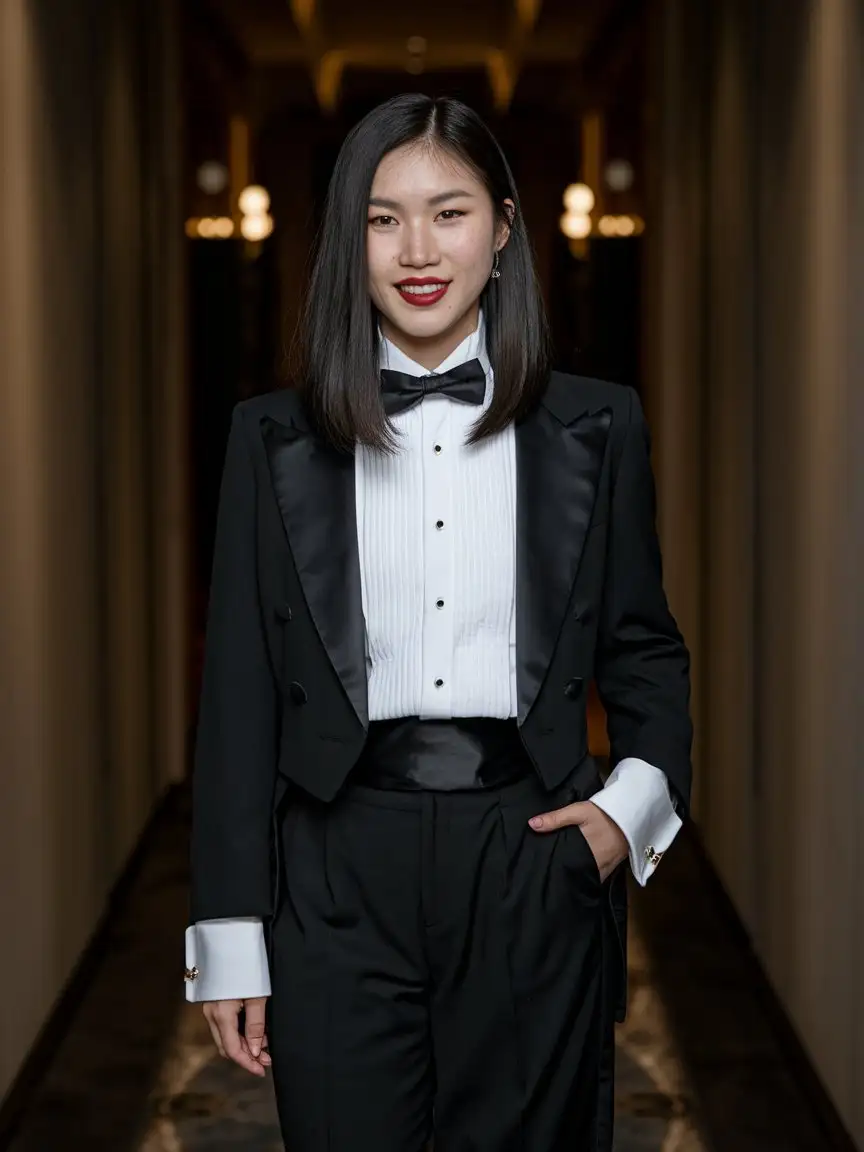 Young-Asian-Woman-in-Formal-Tuxedo-Standing-in-Dimly-Lit-Hallway