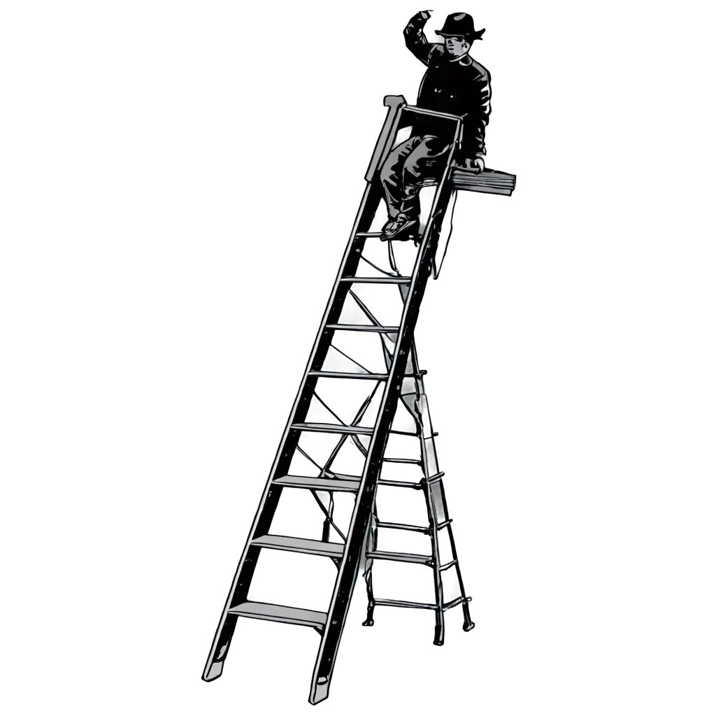 Wooden ladder, Man, Line drawing, Retro, black and white