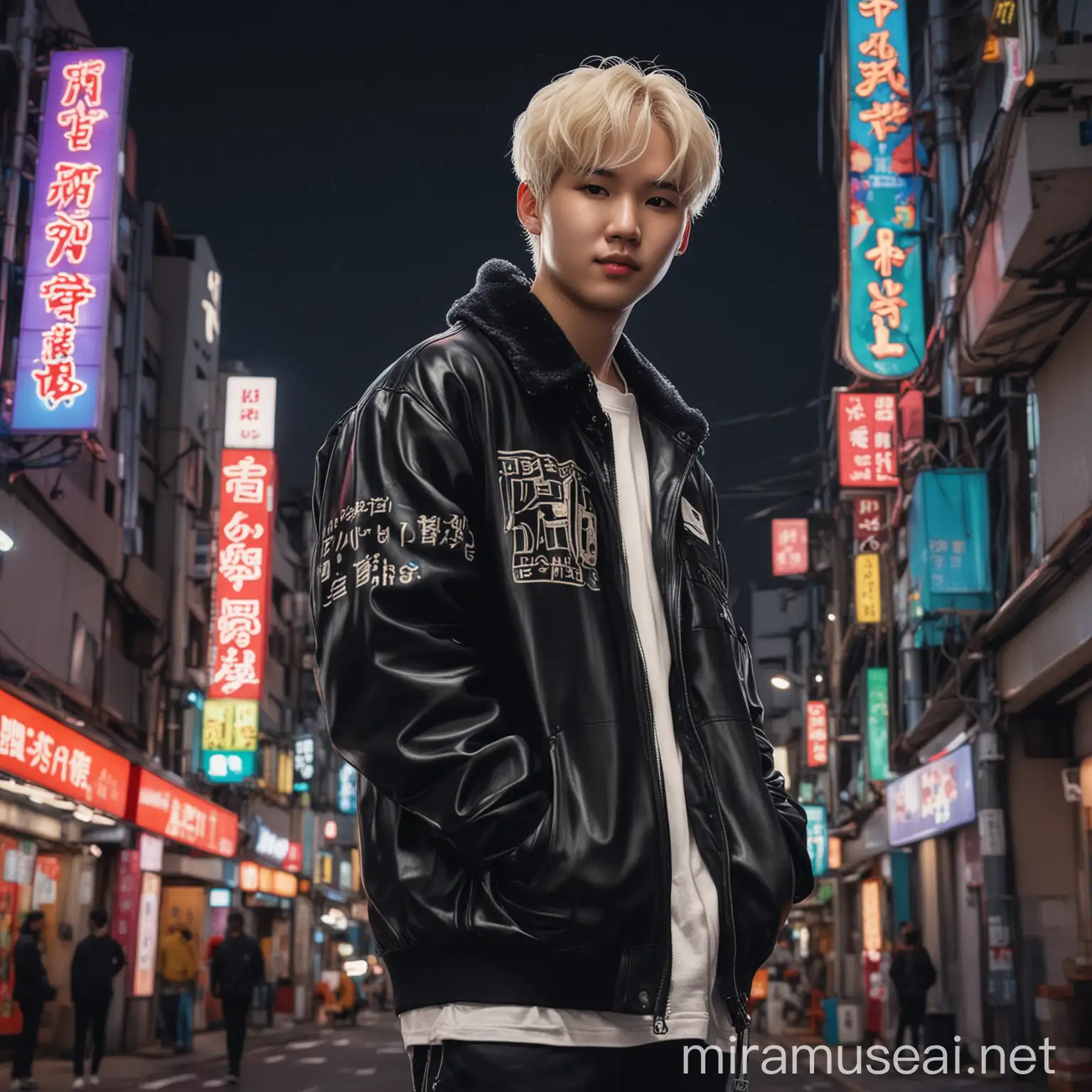 BTS Suga Standing Among Neon Signs in Japan at Night