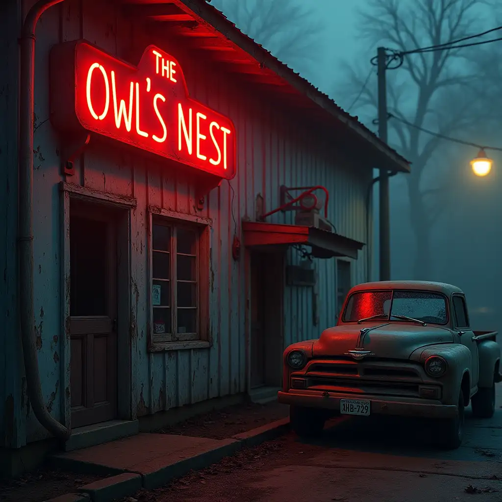 ### **Visual Style & Atmosphere:**   n- **Exterior:**   n  - A weathered neon sign flickers 'THE OWL'S NEST' in blood-red letters. One of the 'O's is broken, leaving a hollow eye-like shape.   n  - Peeling paint on wooden walls, fog creeping around the foundation. A flickering streetlamp casts long shadows.   n  - A rusted pickup truck parked outside, its windshield cracked. License plate: 'XHB-729'.   