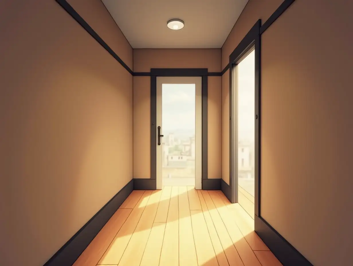 the hallway in the apartment, the wall and the door in the center in anime style