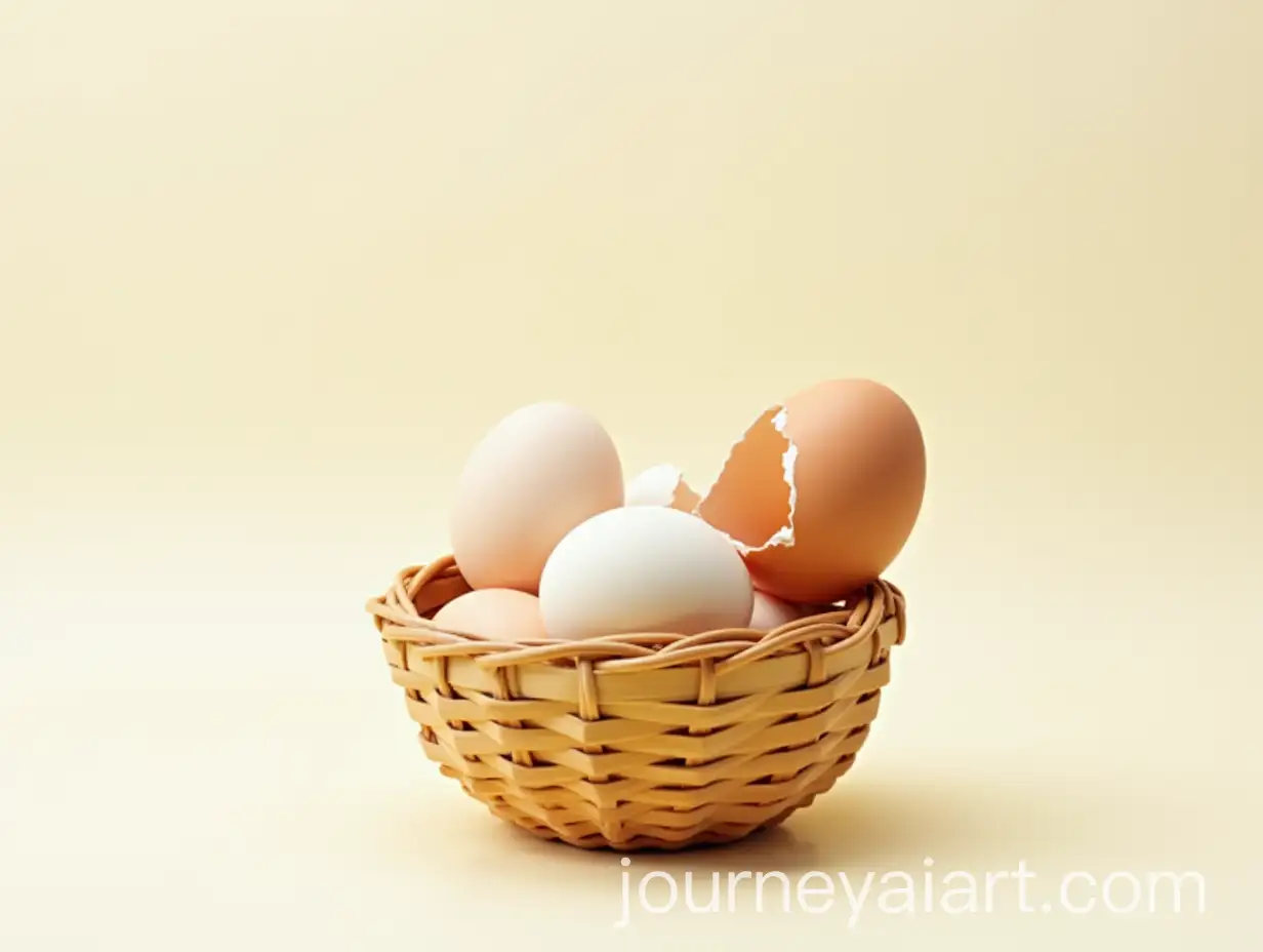 Eggs-in-a-Basket-with-One-Cracked-Egg-Falling-Out-on-a-Blank-Background