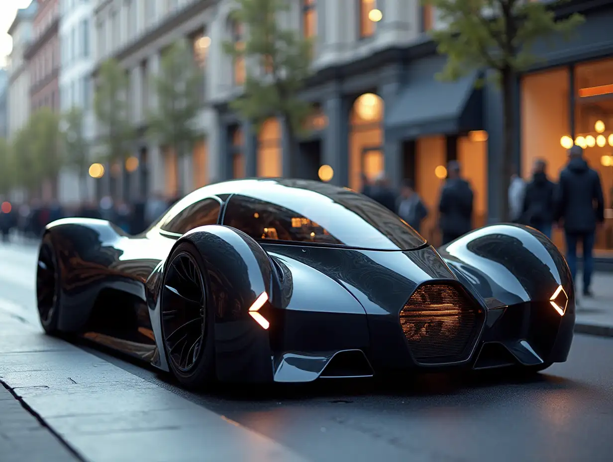 A futuristic car stands on a city street.