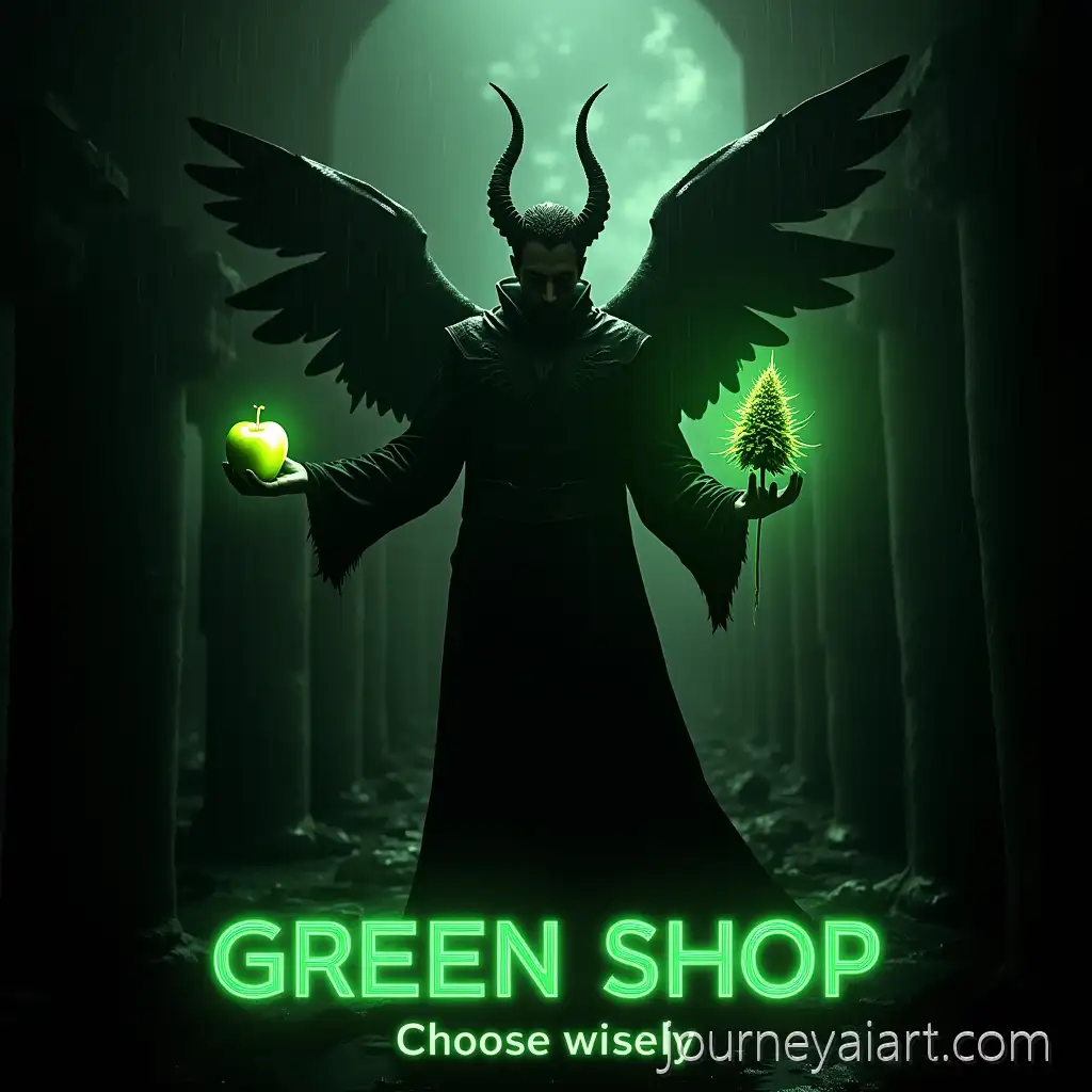 Lucifer-in-Cinematic-BlackandWhite-Scene-Offering-Glowing-Green-Apple-and-Cannabis-in-Rainy-EdenCity-Ruins