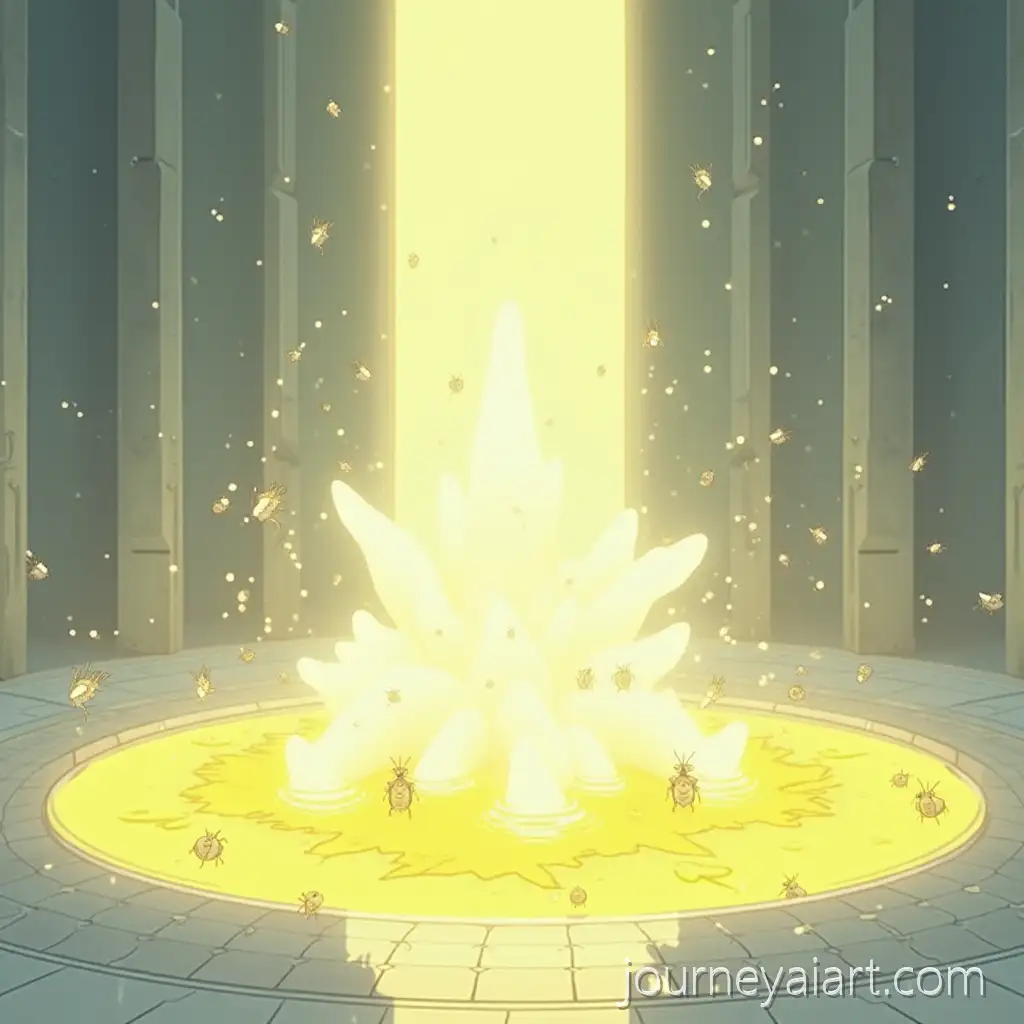 Endless-White-Space-with-Flock-of-Mantises-and-Glowing-Yellow-Fountain