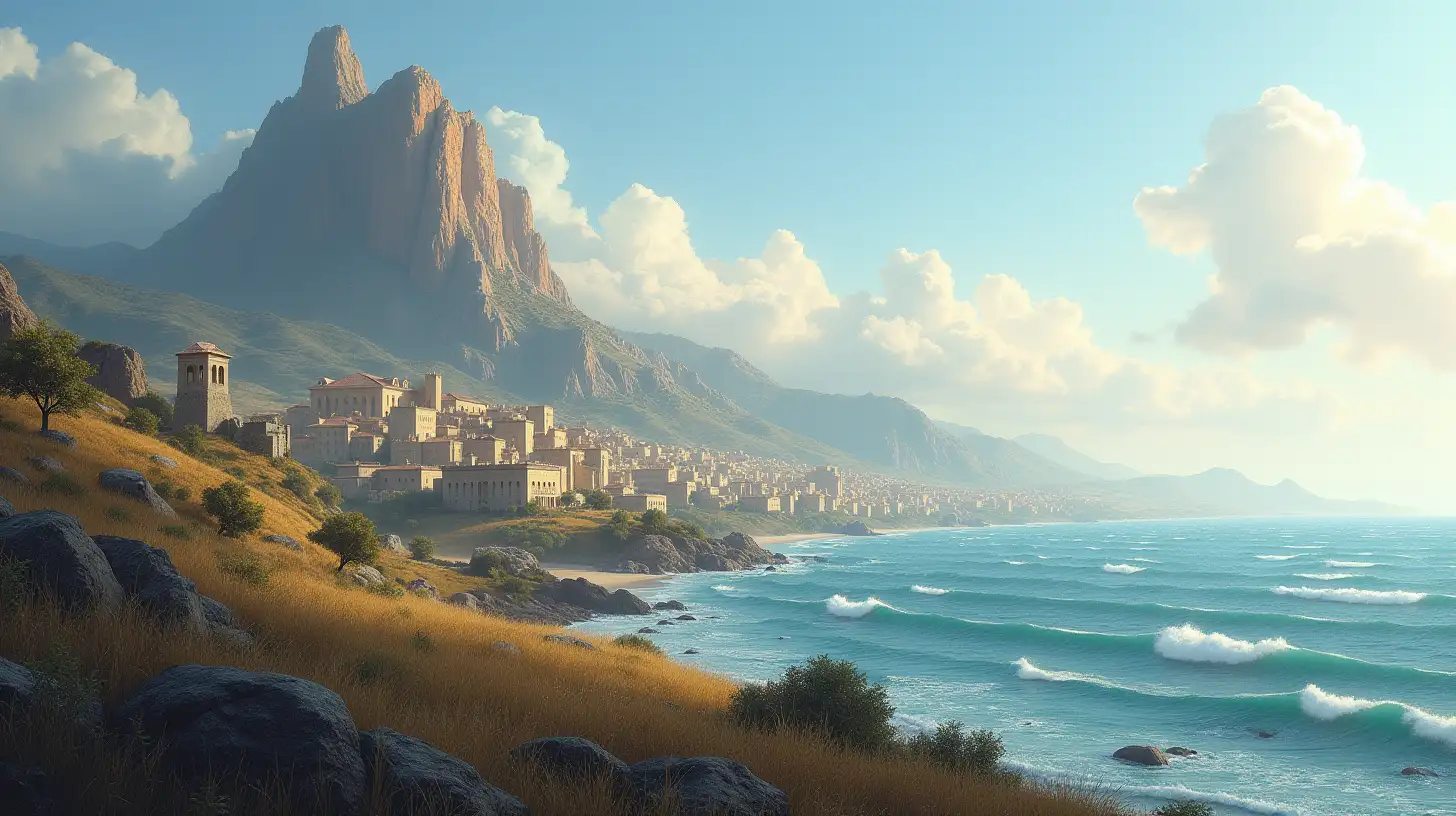 Biblical Era City by the Sea with Majestic Mountain Backdrop