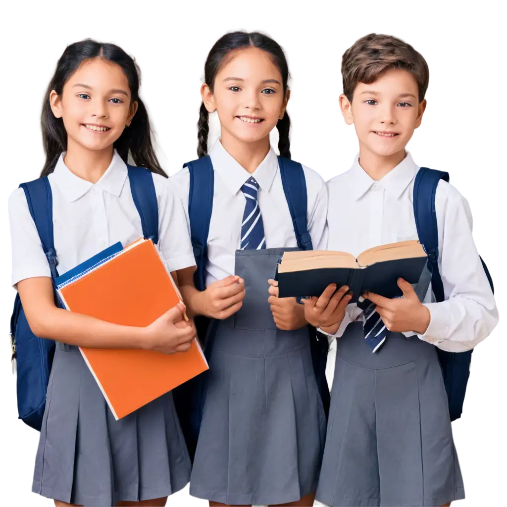 PNG-Image-of-School-Children-in-White-and-Grey-Uniforms-Carrying-Books-and-Bags-Perfect-for-Education-and-School-Projects