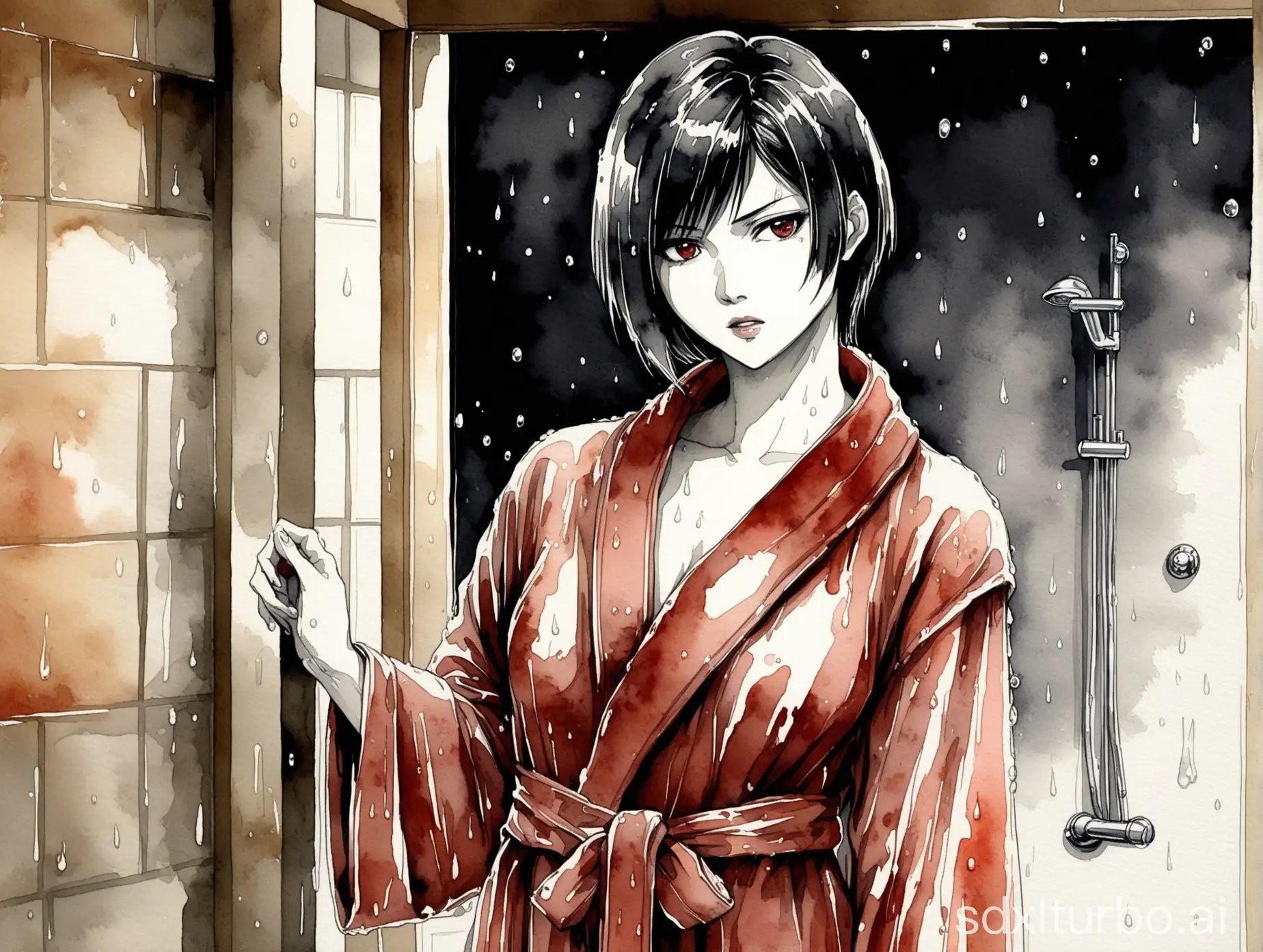 high quality, logo style, watercolor, in the form of Ada Wong, in a dressing gown after shower, brown bathrobe, wet hair, monochrome background, from the basement, stunning full color, 15th century,