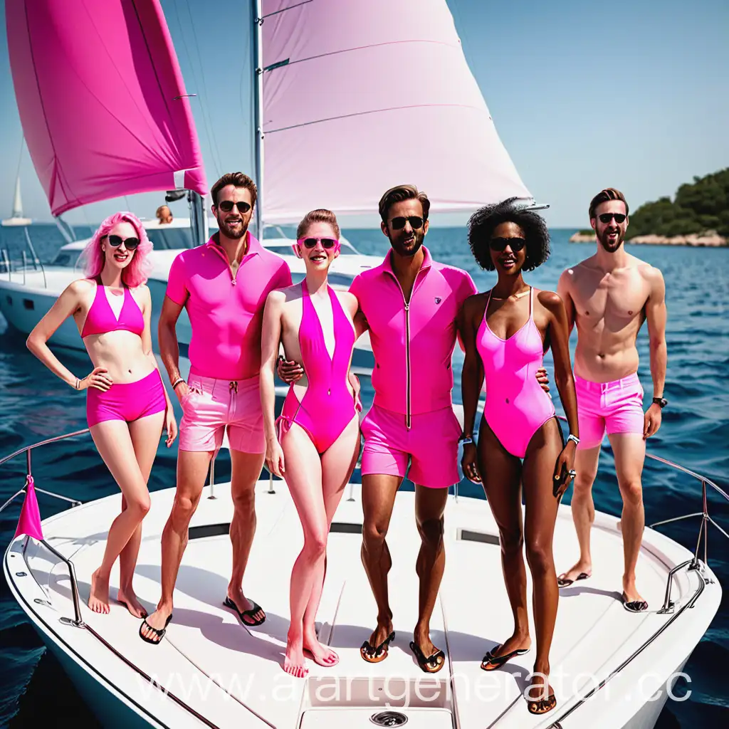 Friends-Yachting-in-Pink-Women-in-Swimsuits-Men-in-Shorts