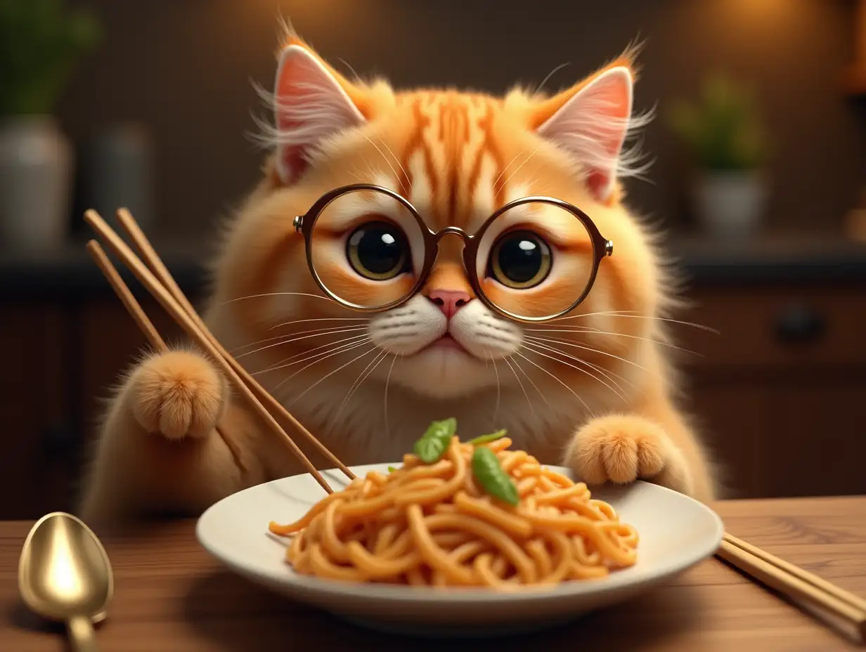 Create a hyper-realistic, extremely cute, and fluffy orange tabby cat with large, round, expressive eyes and soft, well-groomed fur. The cat has chubby cheeks and wears stylish, thin-rimmed round glasses, giving it an intelligent and charismatic look. It is sitting at a premium wooden dining table in a high-end, luxurious kitchen with warm, cinematic lighting. The cat confidently holds a pair of elegant golden chopsticks in one paw, about to enjoy a plate of rich, golden, and premium-looking stir-fried food, symbolizing wealth and abundance. A subtle crypto or finance-themed aura surrounds the cat, making it look like the ultimate symbol of success and financial dominance. The background is softly blurred, enhancing the focus on the cat as the face of a viral meme coin, with a perfect blend of cuteness, luxury, and internet culture.