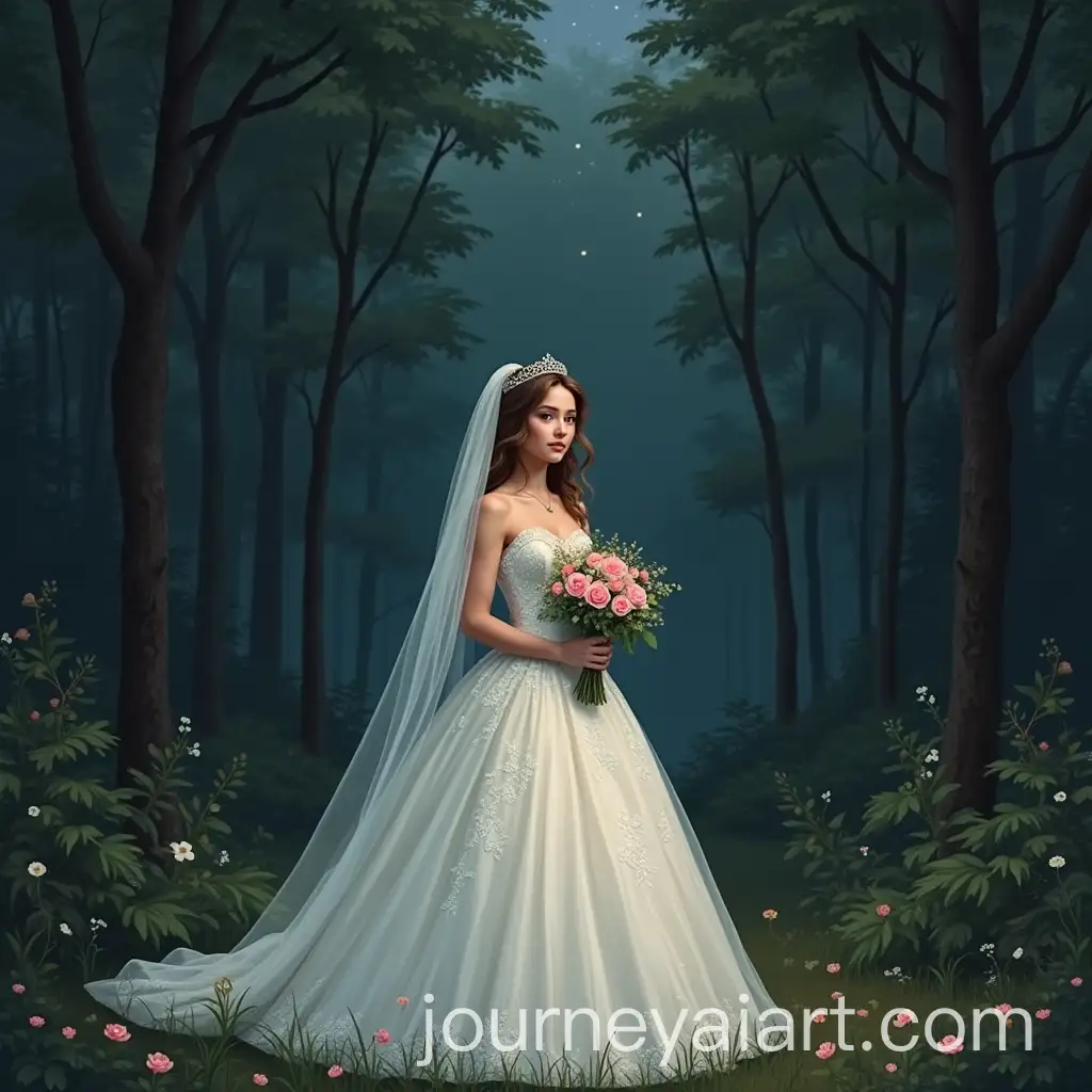 Sad-European-Bride-Holding-Bouquet-in-a-Forest-at-Night