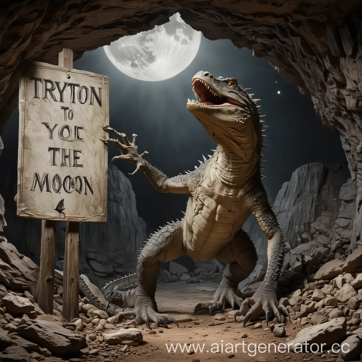 A varan coming out of a cave stretching its claws to the sign 'tryton to the moon'