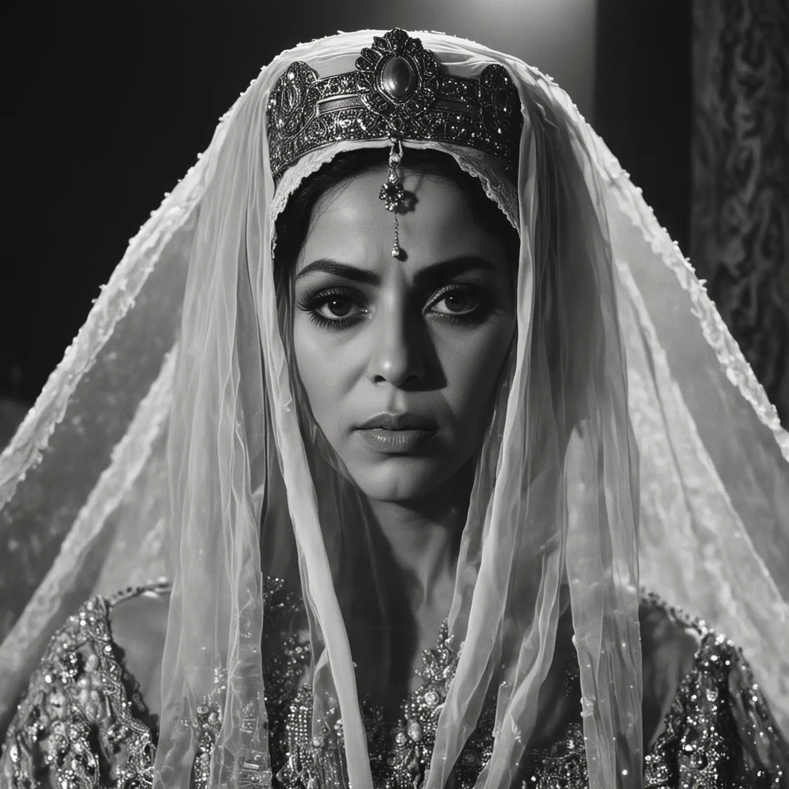 Abdul-Halim-AlSabah-as-Queen-of-Sheba-in-Solomon-1973-Film-Stood-Angrily-with-Light-Veil