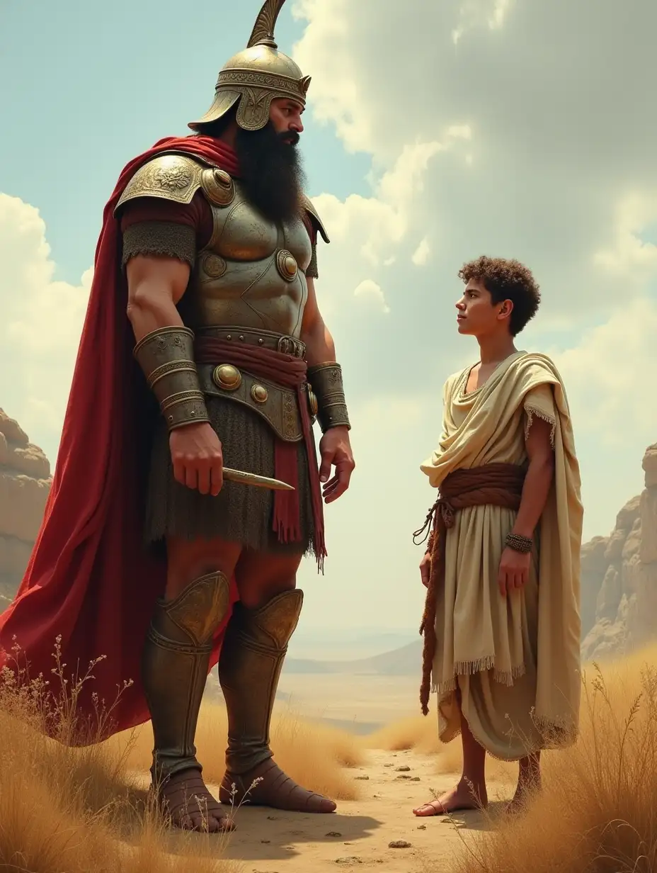 Image of Goliath and David in ancient times, with Goliath 9 feet tall in military regalia on one side and David, a young man in shepherds clothes, on the other.