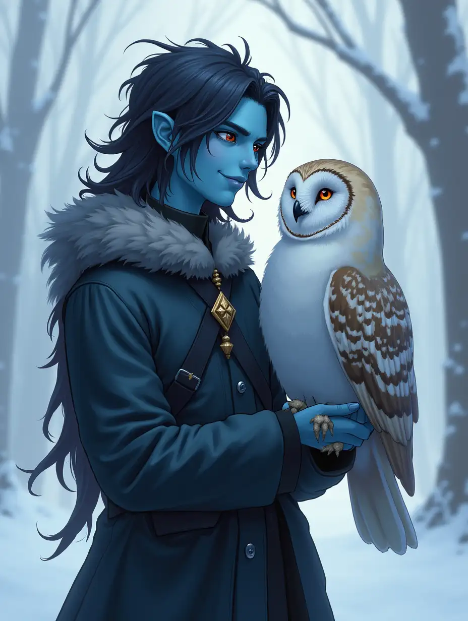 A tall, lanky, skinny 40-something male winter eladrin with jet black hair, light blue skin, and pale blue eyes. He has a kindly smile and is petting and owlbear.