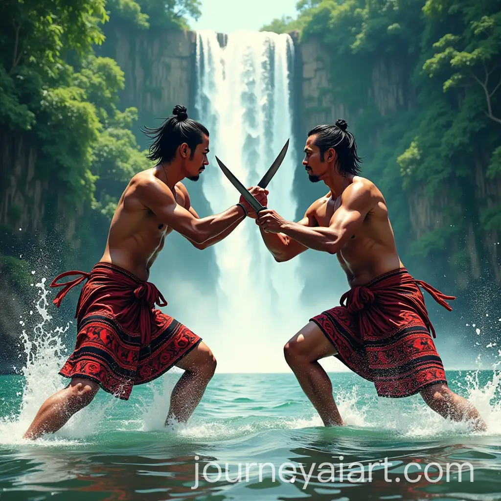Intense-Knife-Fight-Between-Traditional-Indonesian-Fighters-in-Tropical-Waterfall-Scene