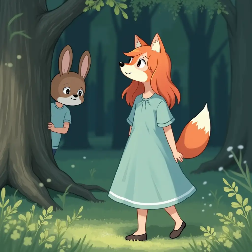 Forest setting. A girl in a plain light blue dress, wearing mask of a fox is looking for a boy. A boy is wearing a rabbit mask. He is hiding behind a tree. Anime style.