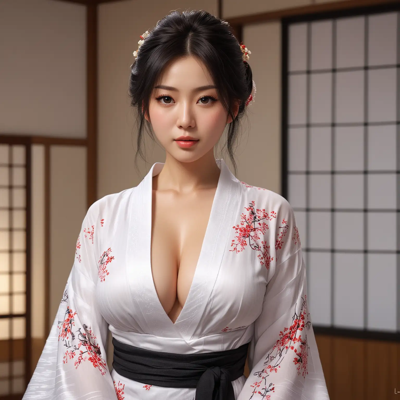 Japanese-Idol-in-White-Yukata-with-Deep-Cleavage-Lingerie