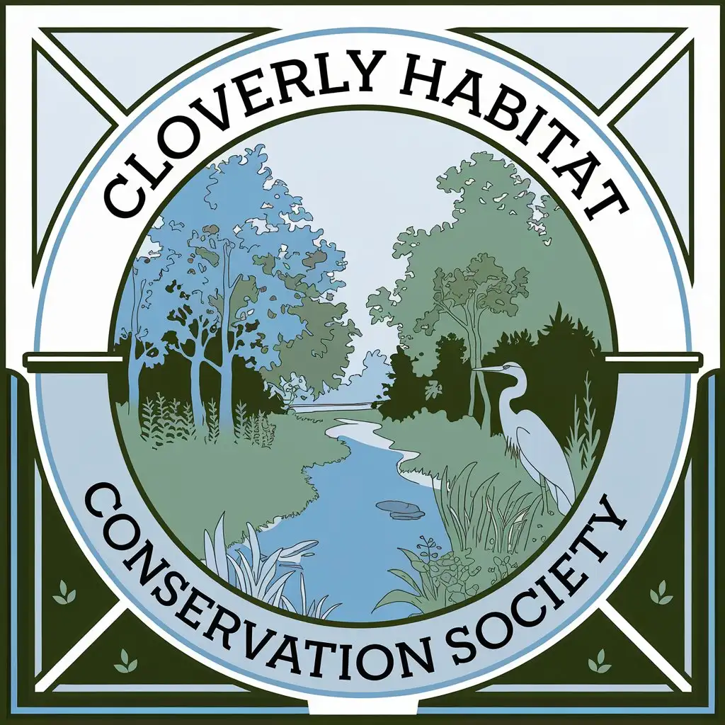 LOGO Design for Cloverly Habitat Conservation Society Light Blue Forest Green with OakHickory Forest Stream and Heron Symbol