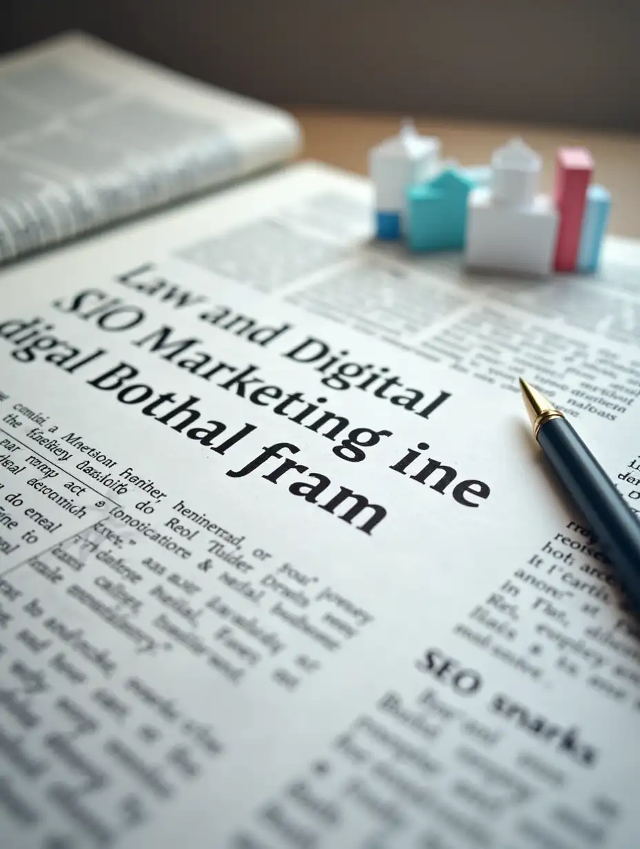 A composition of a digital newspaper with article snippets on law and digital marketing. Next to it, icons of blog posts, emails, SEO graphs. Soft lighting, editorial yet modern look. Ideal for a legal tech blog.