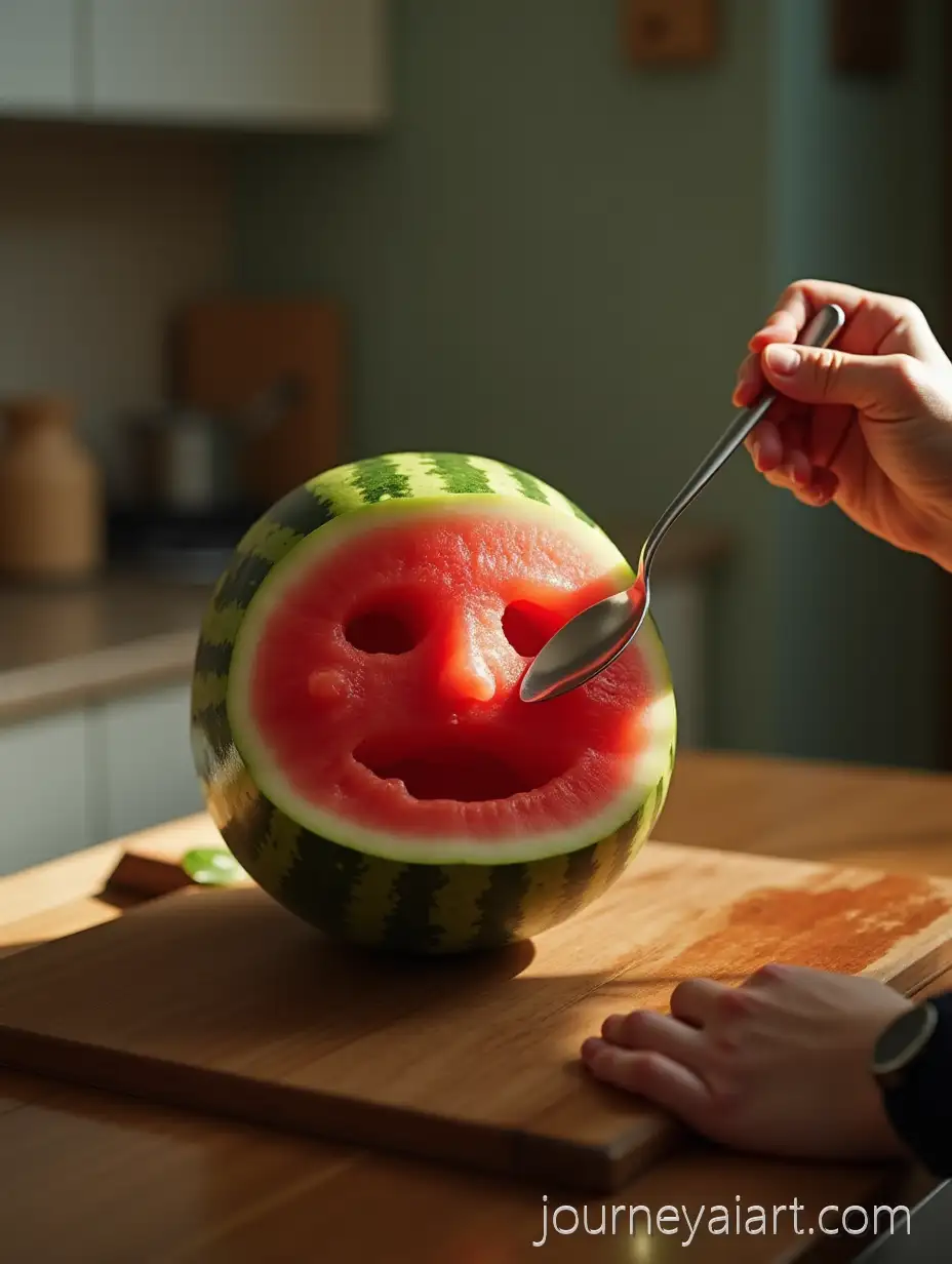 HyperRealisticWatermelon-with-human-face-Watermelon-with-Human-Face-on-Kitchen-Table-Being-Fed-with-Spoon