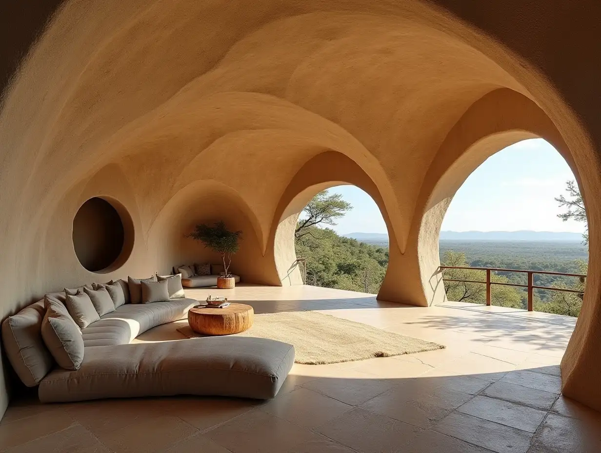 Crooked large house, with curved furniture, curvy big living room made of natural stone terraces, view of the distant savannas