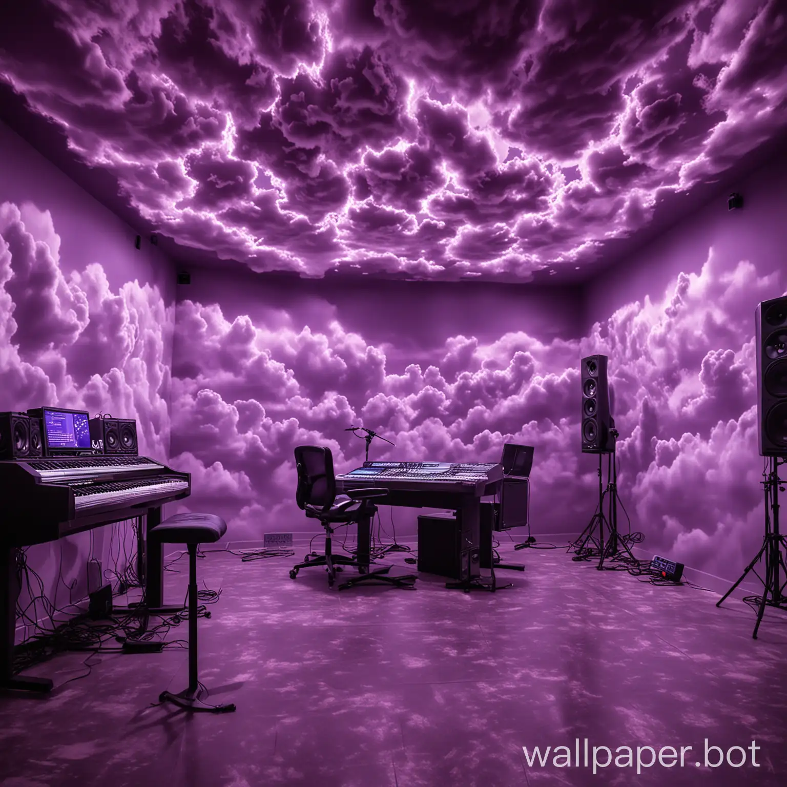 image of a music studio illuminated by purple LED lights under decorative clouds