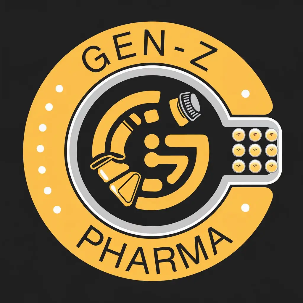 LOGO Design for GenZ Pharma Bold Black with Vibrant Yellow G Symbol Combining Bottle Tube and Blister Pack Elements