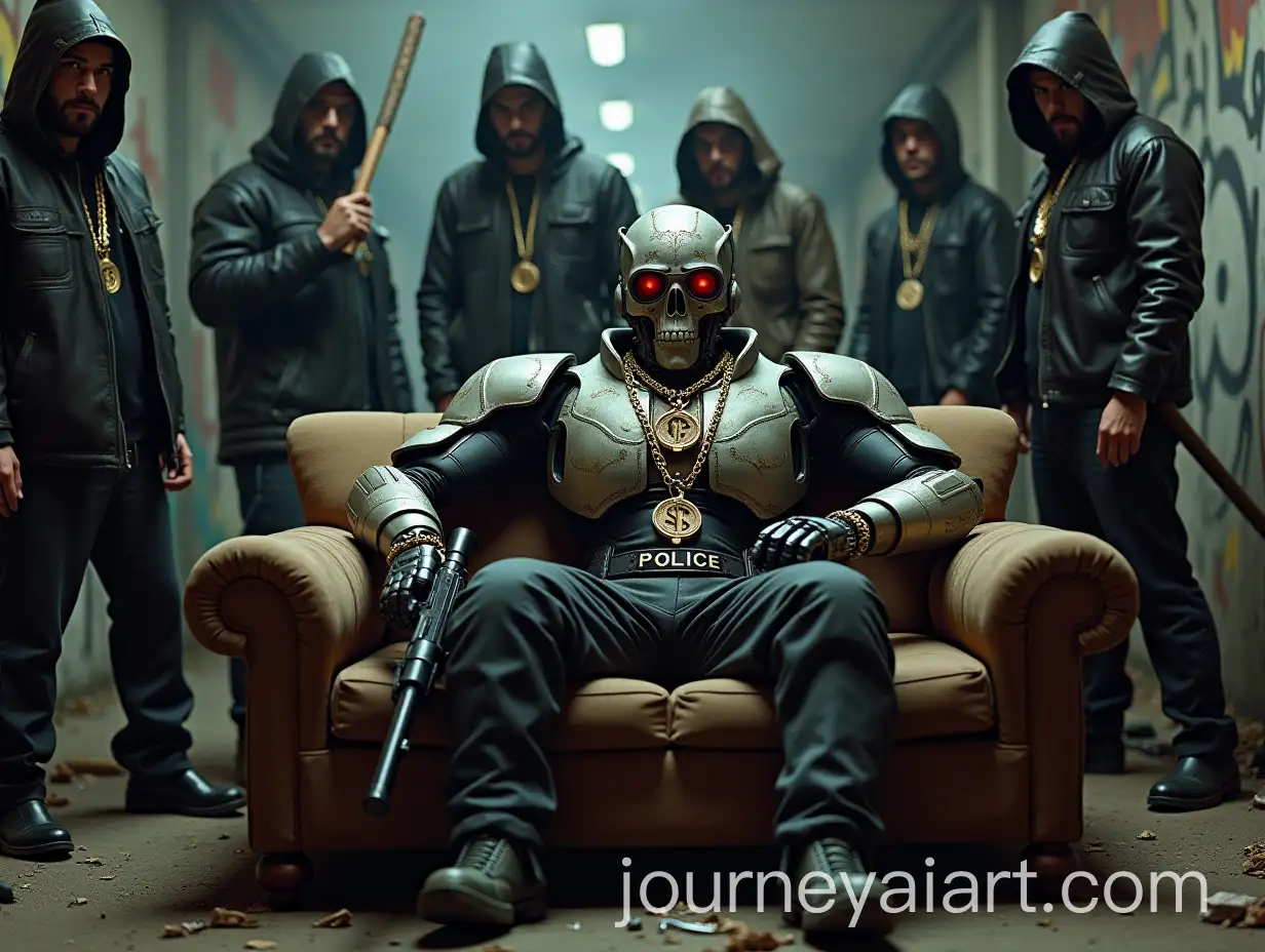 Futuristic-Robotic-Police-Officer-in-Gritty-Urban-Setting-with-Street-Gang-Members