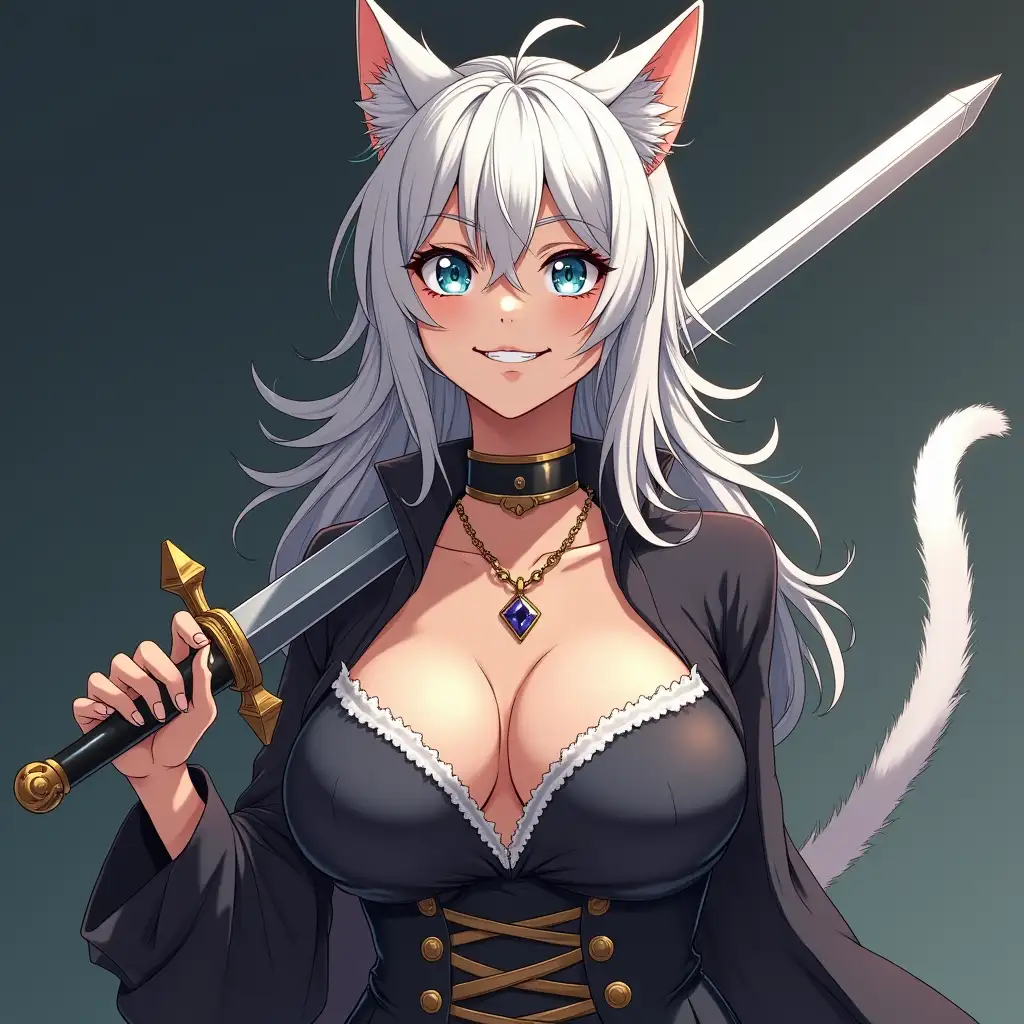 A mature adult feline/woman dressed as a pirate with a sword. Her 30-something years are disguised by her youthful facial features, except for her subtle wrinkles around the eyes, extremely slender body. Her ample bosom strains against her clothing, threatening to burst free from the fabric, extreme cleavage.  Wearing black shoes. She has piercing blue cat eyes. A choker adorns her neck, a subtle hint at her feline nature. Her long, white hair cascades down her back like a wild waterfall, tangled and disheveled. Her cat-like teeth glint in the light, as her white fur-lined ears punctuate her visage with sparkling black and gold earring adorns each ear, adding a touch of elegance to her feline features. Cat whiskers on her face. The attached tail at the base of her spine stirs lazily.  Long fingernails. Full view. Anime.