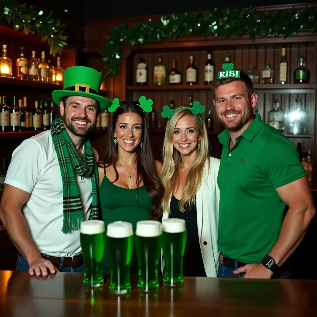 a high-resolution photo shows,Four people are grouped together inside a St. Patrick's Day - themed bar. The background features dark wooden paneling adorned with green - and - white streamers, and shelves stocked with various bottles of alcohol. Green - hued lighting casts a warm glow over the scene, enhancing the festive atmosphere. The person on the far left wears a white shirt paired with a green scarf draped around the neck. A green leprechaun hat sits atop their head,  Next to them, a woman sports a green dress with a black and white striped scarf. She has green clover - shaped hairpins in her hair .The third individual, a woman with long blonde hair, is wearing a white jacket over a black top. She dons green clover - themed earrings. The person on the far right is in a green polo shirt, with a green headband that has the word 'IRISH' on it . All of them are smiling brightly, standing in front of a bar counter with several pints of green - tinted beer placed on it. 