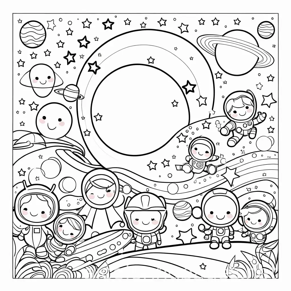 Cute-Cartoon-Characters-in-Whimsical-Outer-Space-Coloring-Page