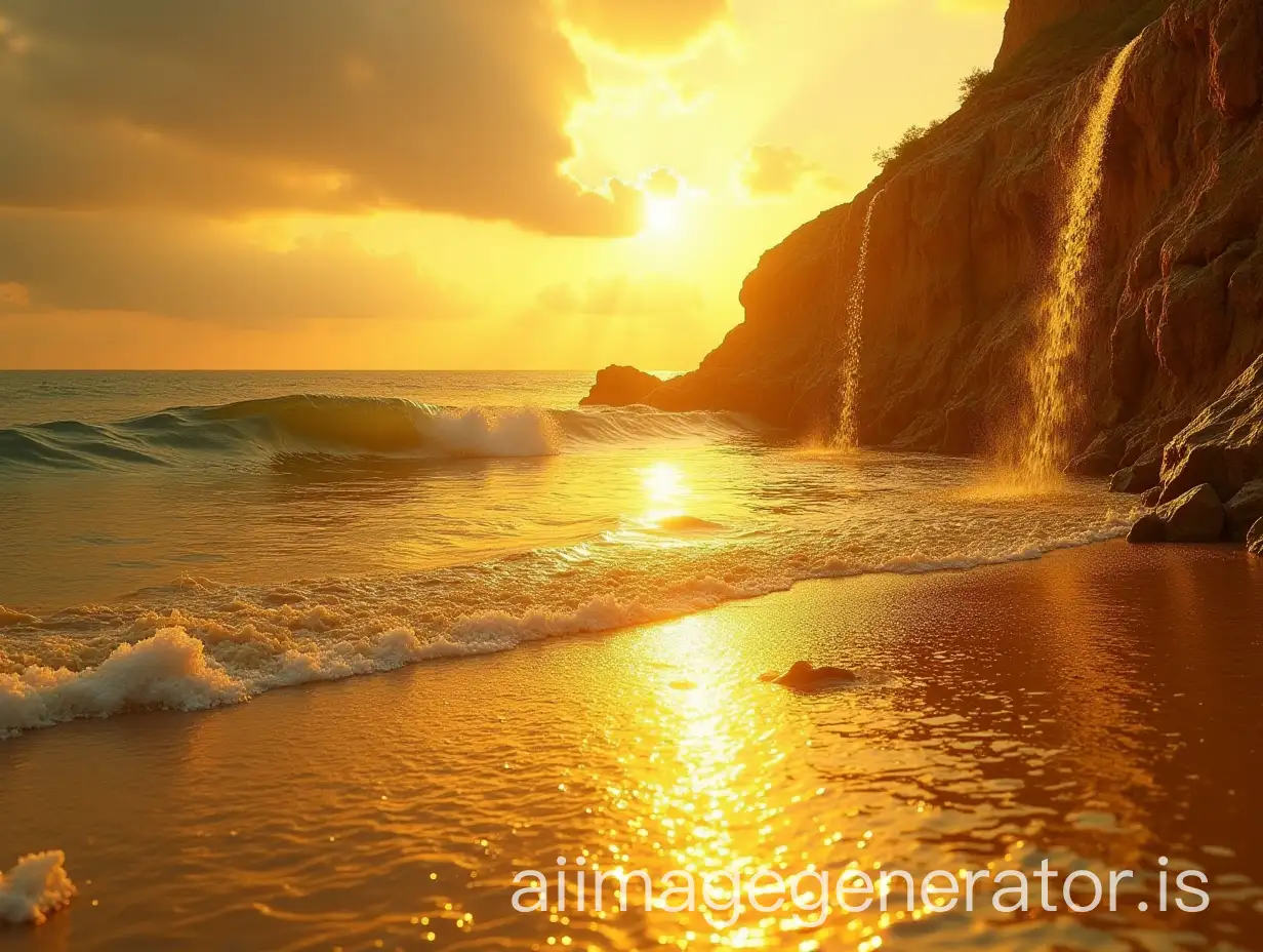 Golden-Beach-with-Waterfall-and-Sea-of-Gold