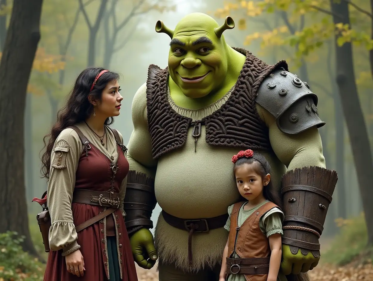 Ki-Fantasy-Family,Man,Woman, and Children, huge white Shrek face and with wooden armor equipment