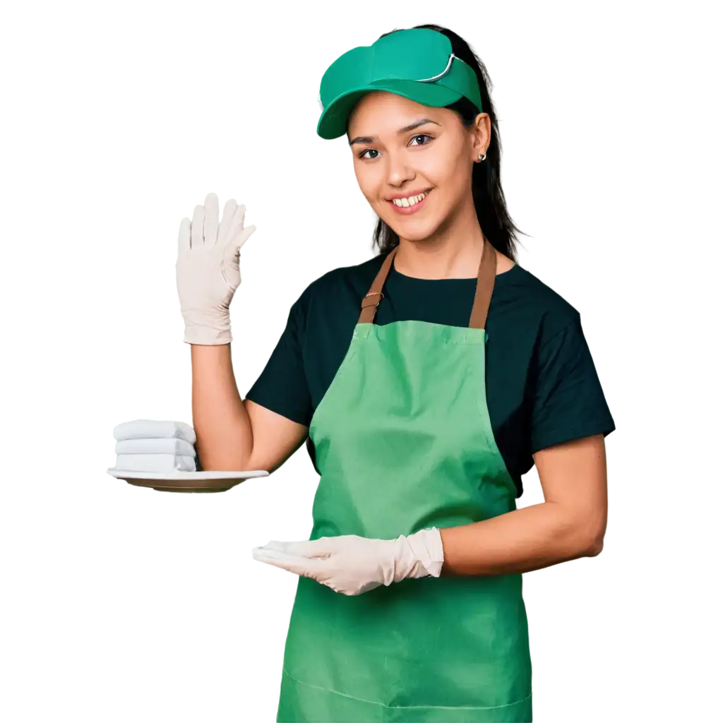 Cafeteria-Attendant-in-Green-Apron-Black-Visor-and-Napkin-PNG-Image-for-HighQuality-Visuals
