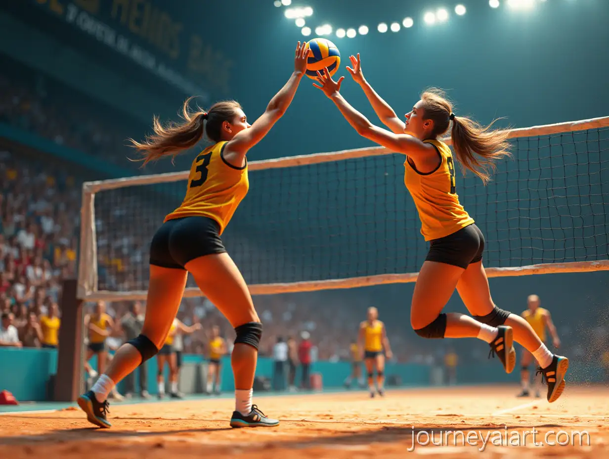 Two-Volleyball-Players-Leaping-to-Block-a-Volleyball-in-a-Packed-Arena