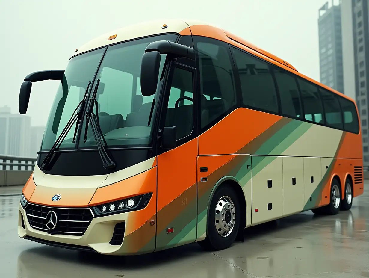 Supermodern bus with spoilers, lowered, aluminum wheels, cream, black orange green colors, Cyberpunk