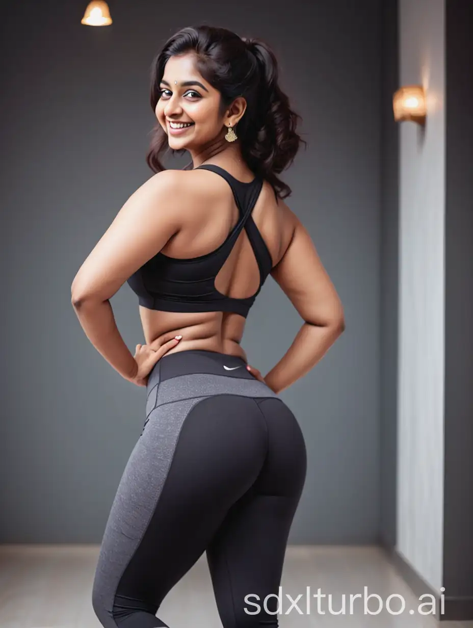 Smiling-Indian-Woman-in-Leggings-and-Top-Showing-Curvy-Back-Pose