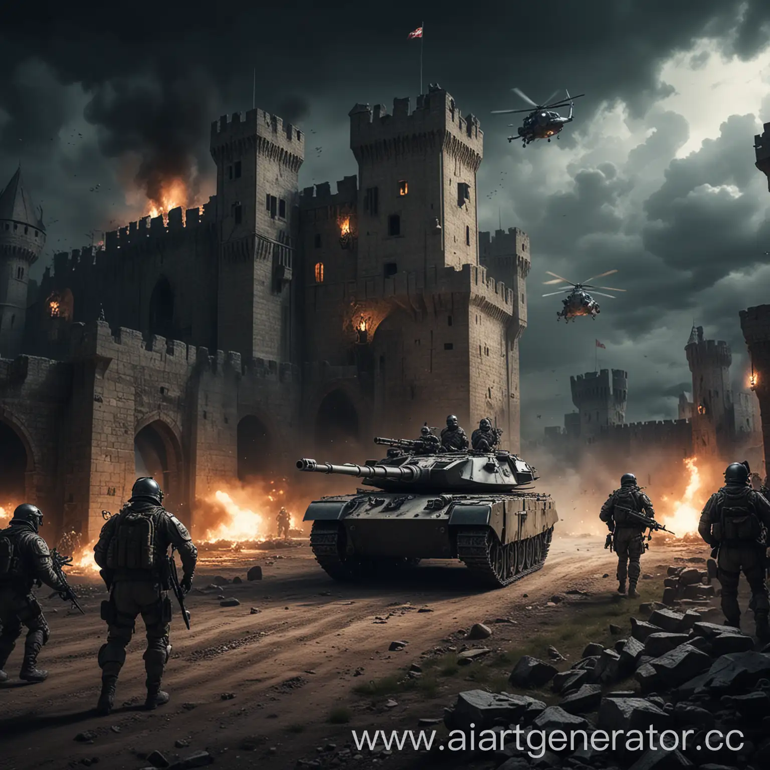 Modern-Special-Forces-Storming-Medieval-Castle-with-Tank-and-Helicopter-Support