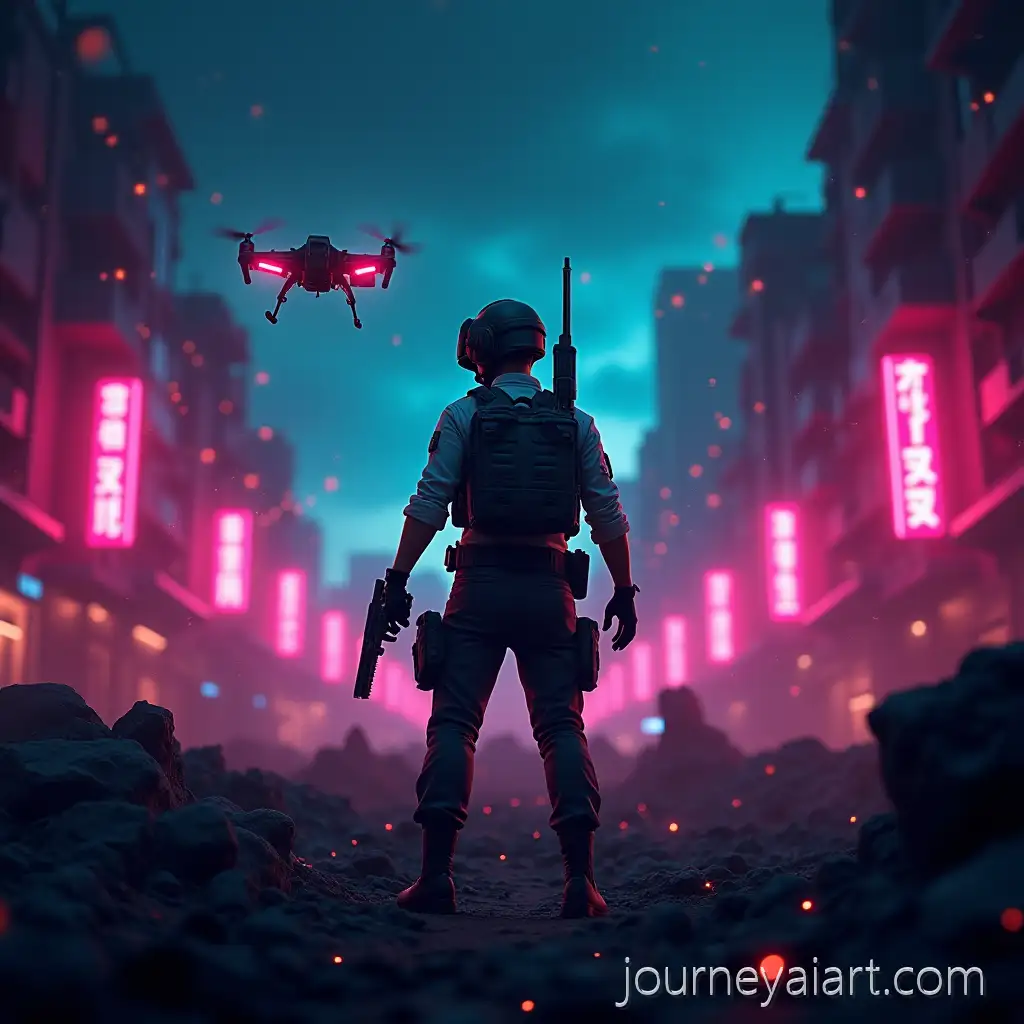 PUBGStyle-Soldier-in-Ruined-Cityscape-at-Night-with-Neon-Lights-and-FlyingPUBG-soldier-in-neon-city-Sparks