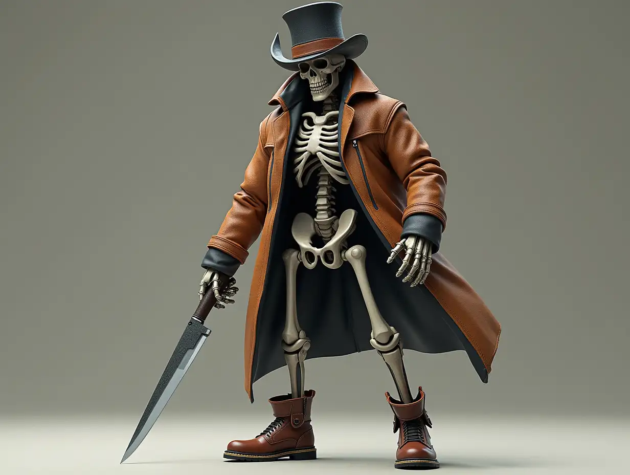 Create a high-resolution, realistic image of a robot with a skeleton body, brown leather boots, a head wearing a stylish tracksuit, and a knife in hand with a top hat and a horn in 4K resolution