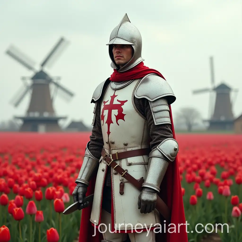 Dutch-Soldier-in-Hyperrealistic-Armor-amidst-Tulip-Battlefield