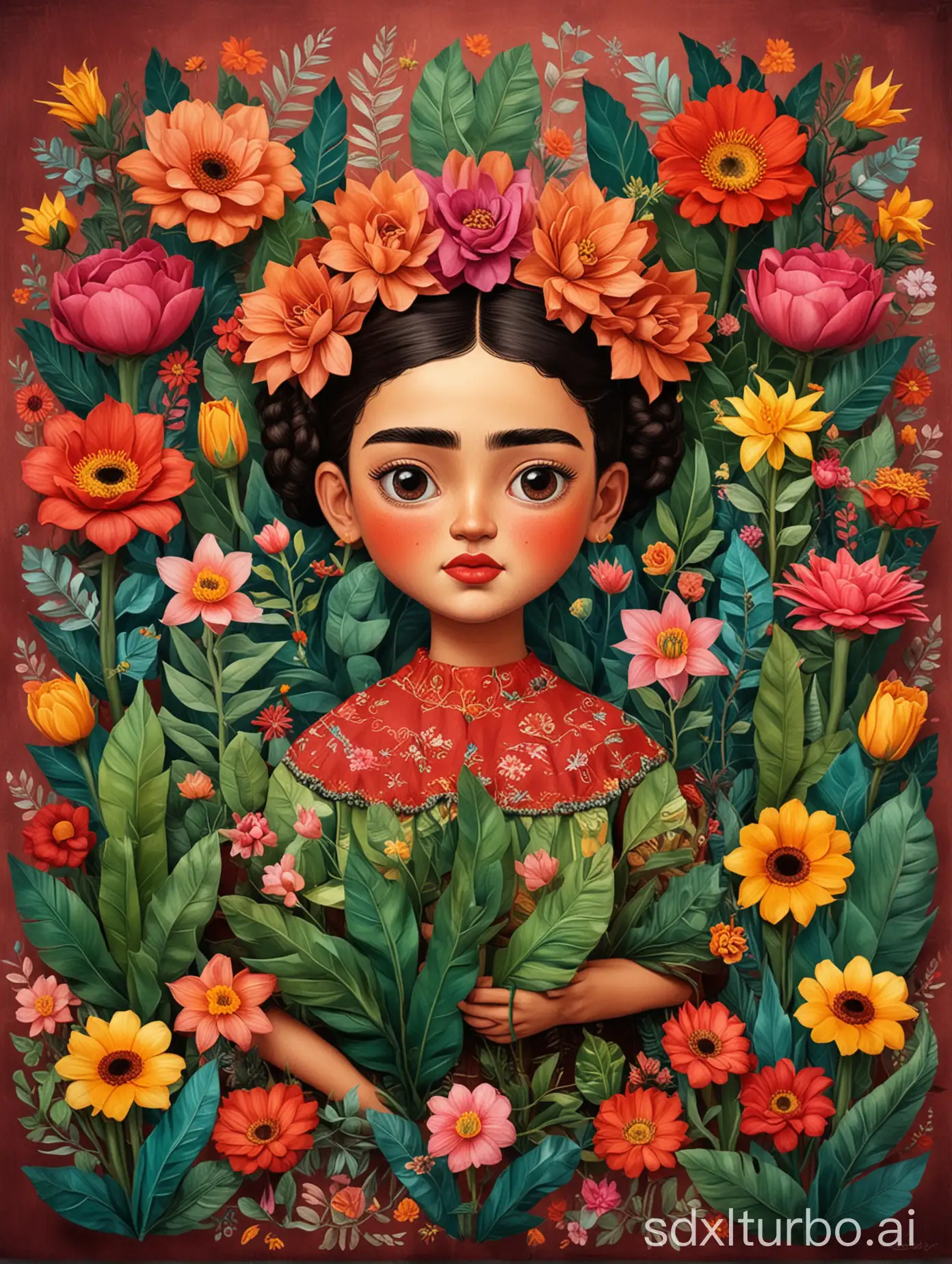 different flowers and plants and kids in frida kahlo style