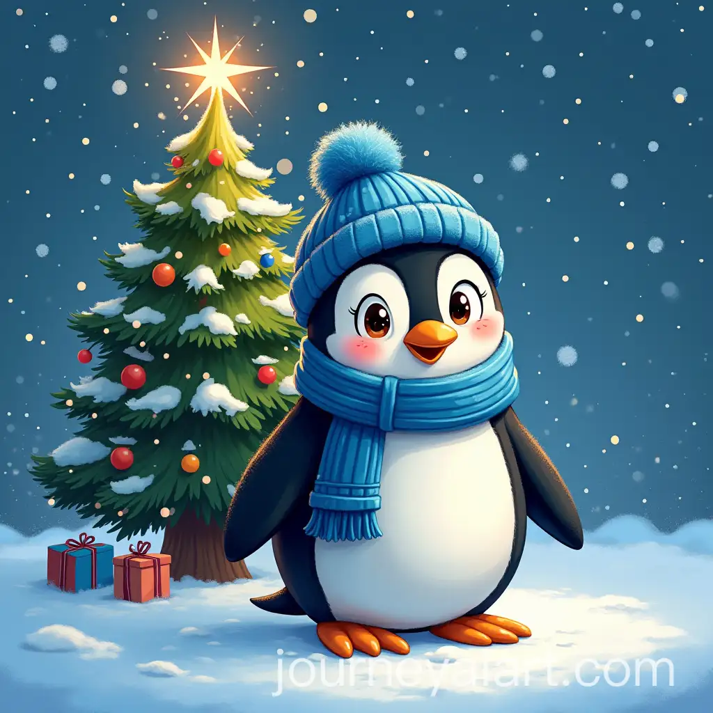 Smiling-Cute-Penguin-with-Blue-Scarf-and-Hat-Under-Christmas-Tree-with-Sparkles